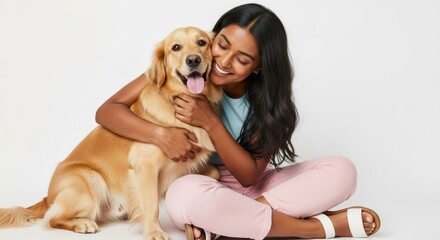 A smiling woman hugging a golden retriever dog while sitting cross legged on a white background space