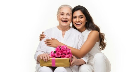 A smiling woman hugging her mother who is holding a gift and a bouquet of pink roses on white background