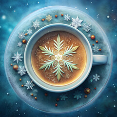 A cup of coffee or tea with foam shaped like a delicate snowflake. Christmas spirit in a Christmas drink with a Christmas snowflake inside. Winter New Year mood. Top view.
