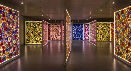 Vibrant Illuminated Flower Panels in Modern Art Gallery