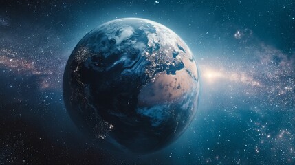 Obraz premium a stunning view of earth at night illuminated by city lights, set against the backdrop of a vibrant and expansive milky way galaxy.