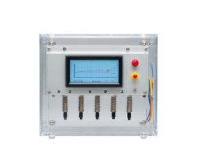 Electronic device with a digital display showing a graph, five input connectors, and two indicator lights, isolated on transparent background