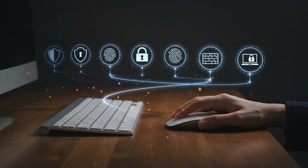 Cybersecurity concept with glowing icons representing data protection, network security, and online privacy.