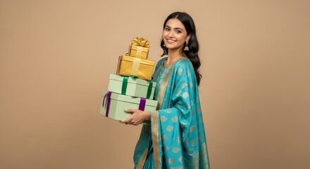 A woman in a sari holding a stack of gift boxes with ribbons and bows on a neutral background