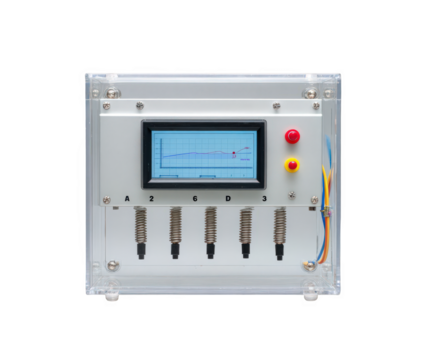 Electronic device with a digital display showing a graph, five input connectors, and two indicator lights, isolated on transparent background