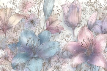 Elegant lily and wildflower background in pastel purple and pink tones. Dreamy watercolor pattern. Immerse yourself in timeless beauty with the delicate Floral Toile De Jouy Seamless Pattern.