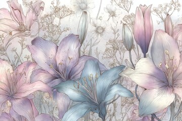 Elegant lily and wildflower background in pastel purple and pink tones. Dreamy watercolor pattern. Immerse yourself in timeless beauty with the delicate Floral Toile De Jouy Seamless Pattern.