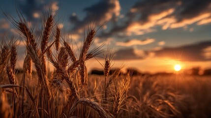 golden wheat stalks stand silhouetted against a vibrant sunset with dramatic clouds casting warm light across a rural field.