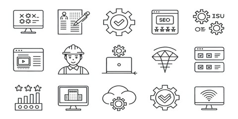 Line art business and technology icons set with computer, SEO, rocket, graph, light bulb, office, shield, and digital elements. Modern outline symbols for web, apps, marketing, and infographics.