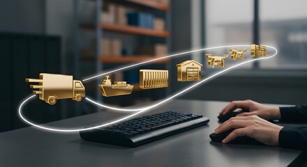 Global logistics network concept with golden icons representing supply chain and digital transformation.