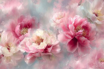 Ethereal camellia background in pastel purple and pink tones with gold thread. Dreamy watercolor pattern. Immerse yourself in timeless beauty with the delicate Floral Toile De Jouy Seamless Pattern.