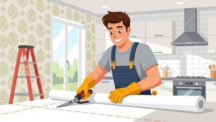 Man cutting wallpaper roll, trimming large piece of white paper with shears in modern kitchen. Concept of man cutting wallpaper roll in bright, cheerful atmosphere.