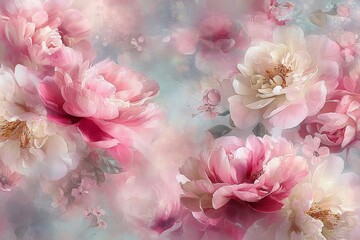 Ethereal camellia background in pastel purple and pink tones with gold thread. Dreamy watercolor pattern. Immerse yourself in timeless beauty with the delicate Floral Toile De Jouy Seamless Pattern.