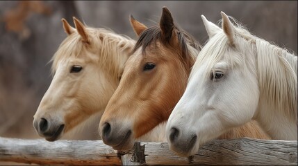 Obraz premium three horses of varying shades?��palomino, sorrel, and white?��peek over a rustic wooden fence with gentle curiosity.