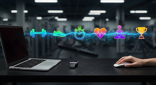Fitness and wellness concept with glowing icons over laptop and gym background.