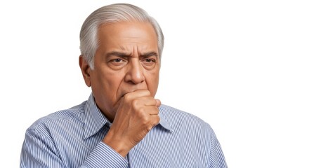 An elderly man with gray hair wearing a striped shirt coughing into his hand on a white background