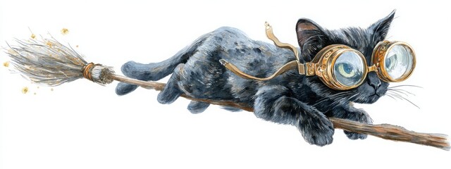 Watercolor black cat flying on broomstick with goggles with props