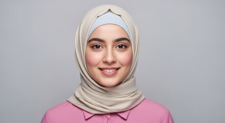 A young woman with a hijab and pink shirt smiling at the camera against a grey background studio shot