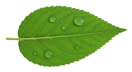 A fresh green leaf with clear water droplets, isolated on a white background, perfect as a natural Transparent Overlay design element