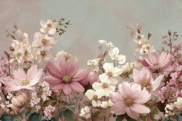 Background of chrysanthemums, butterfly flowers in elegant purple tones. Dreamy watercolor pattern. Immerse yourself in the timeless beauty of the delicate Floral Toile De Jouy Seamless Pattern. 