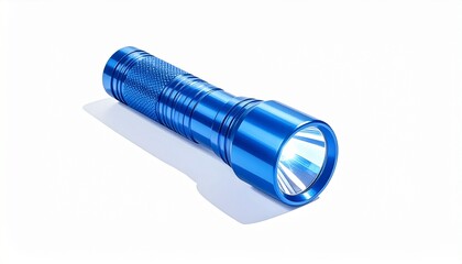 Metallic blue flashlight with textured grip and visible light source—lying on white surface