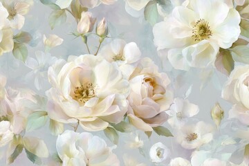 Elegant watercolor white roses background. Dreamy Floral Print. Indulge in timeless elegance with exquisite Floral Toile De Jouy Seamless Pattern. Pastel color, pastel tone