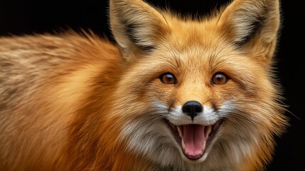 Fototapeta premium a captivating close-up portrait of a red fox displaying a joyful, open-mouthed expression against a dark background.