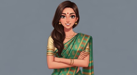 Illustration of a woman with brown hair and green sari standing with crossed arms smiling gently