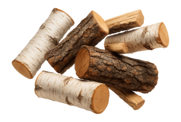 Natural textured firewood logs, birch and pine, for fireplaces or grills.