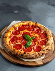 Close-up of pepperoni pizza on wooden board, golden rustic crust, melted mozzarella, crisp pepperoni, basil garnish, parchment paper, dark stone background, soft light.