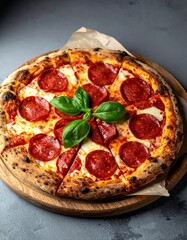 Close-up of pepperoni pizza on wooden board, golden rustic crust, melted mozzarella, crisp pepperoni, basil garnish, parchment paper, dark stone background, soft light.
