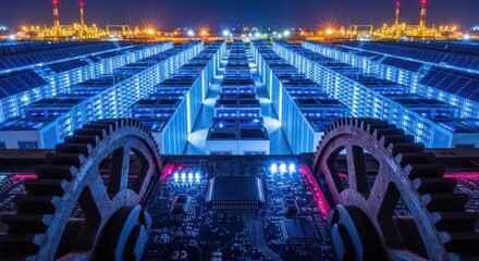 Rows of servers in a data center at night
