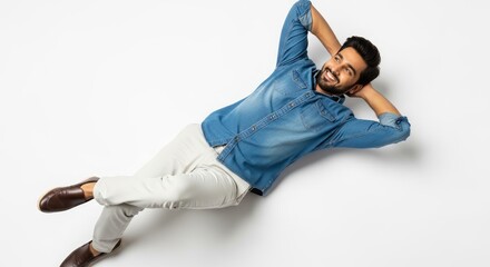 Man lying on his back with hands behind head wearing denim shirt and white pants smiling bright studio shot