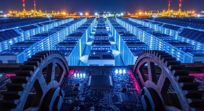 Rows of servers in a data center at night