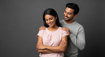Man placing his hands on a woman's shoulders while she smiles in front of a gray background plane