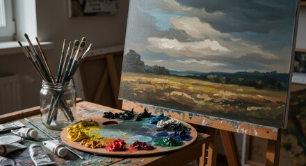 Artist's Studio with Landscape Oil Painting on Easel and Colorful Palette
