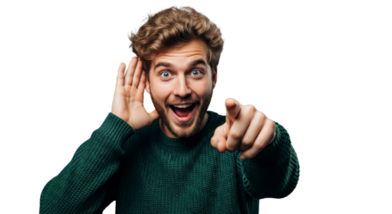 Intrigued Man Pointing, Surprised Expression, Close-Up Portrait