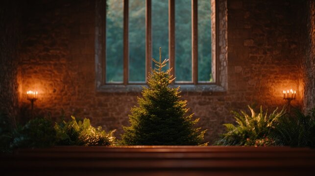 serene indoor scene featuring lush tree illuminated by soft cand