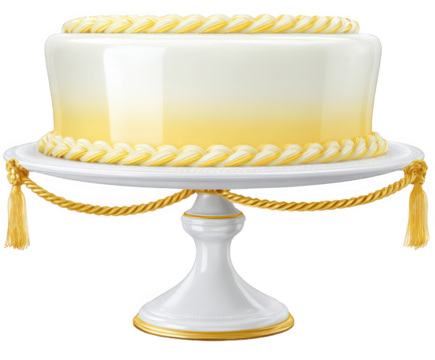A beautiful white and yellow gradient cake with decorative yellow rope trim, presented on a white cake stand with gold accents and tassels, isolated on transparent background