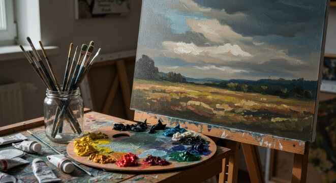 Artist's Studio with Landscape Oil Painting on Easel and Colorful Palette
