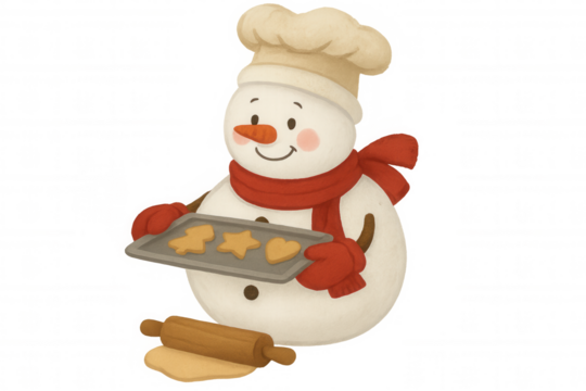Snowman chef baking christmas cookies, holding a baking sheet with holiday shaped biscuits, watercolor illustration