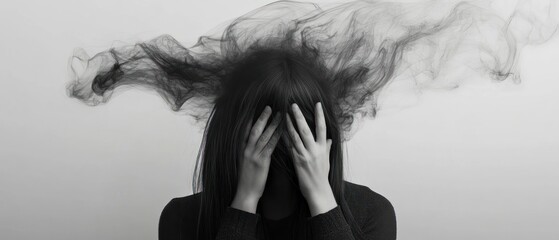 Woman with long hair hands covering face dark smoke emanating from head
