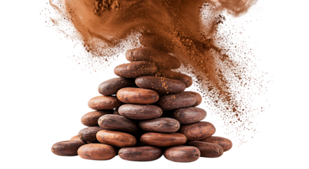 Exploding cocoa powder and stacked beans a delicious visual on transparent background
