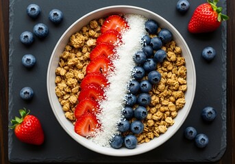Patriotic breakfast bowl with strawberries blueberries and granola