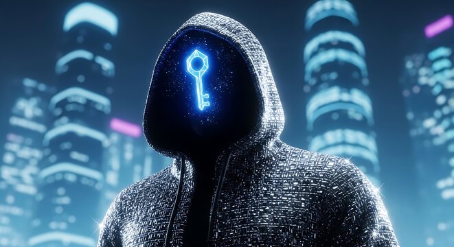 Anonymous hooded figure with a glowing key symbol standing against a blurred cityscape concept for digital security and encryption