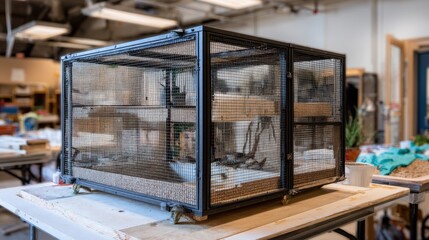 Focused frame showing the assembly of a mixedmaterial reptile enclosure highlighting the joint between glass and mesh with the rest of the workspace gently obscured.