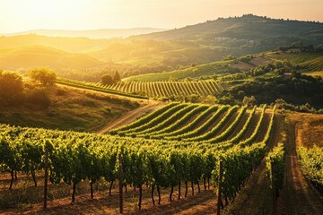 Fototapeta premium Scenic vineyard hills under golden sunlight