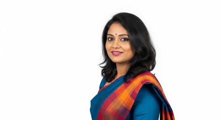 Portrait of a smiling woman in a blue and orange saree against a white studio background view left