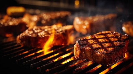 a close-up shot of sizzling steaks cooking on a hot grill with flames and a blurred background creating a warm and inviting atmosphere.