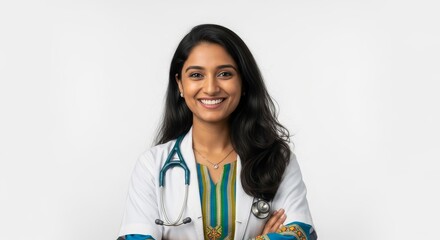 Portrait of a smiling female doctor in a lab coat with stethoscope against a white background